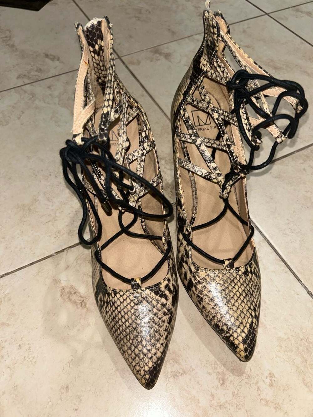 Material Girl Pointed Toe Lace-Up Stiletto Heels in Snakeskin Print